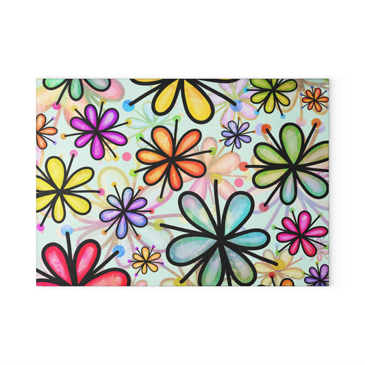 Colorful Floral Glass Cutting Board — Bright Doodle Flowers Kitchen Board