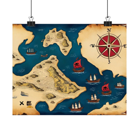 Pirate Treasure Map Poster — Vintage Nautical Wall Art Matte Horizontal