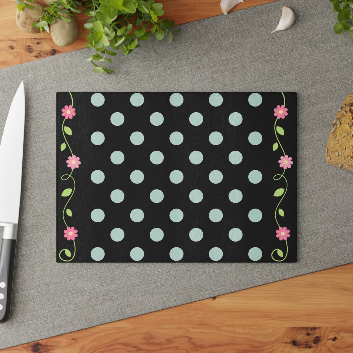 Glass Cutting Board - Black Polka Dot with Pink Floral Border (Decorative Kitchen Chopping Mat)