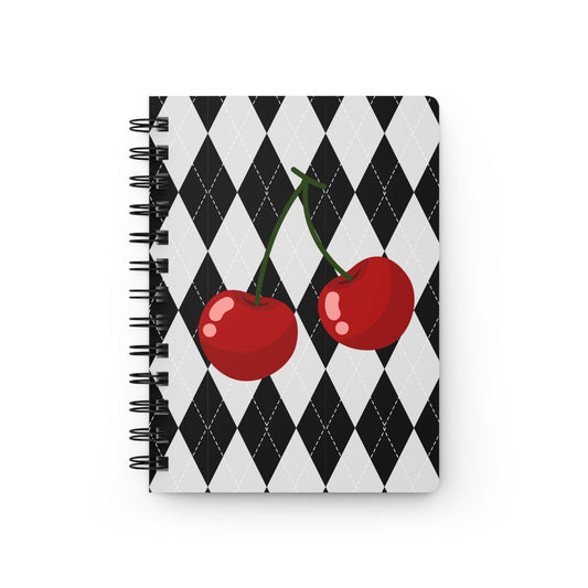 Cherry Argyle Spiral Notebook – Retro Black & White Journal