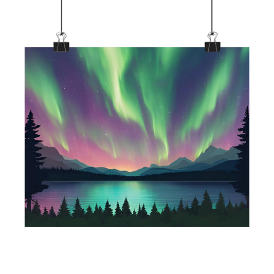 Northern Lights Lake Poster — Aurora Borealis Matte Horizontal Aurora Wall Art