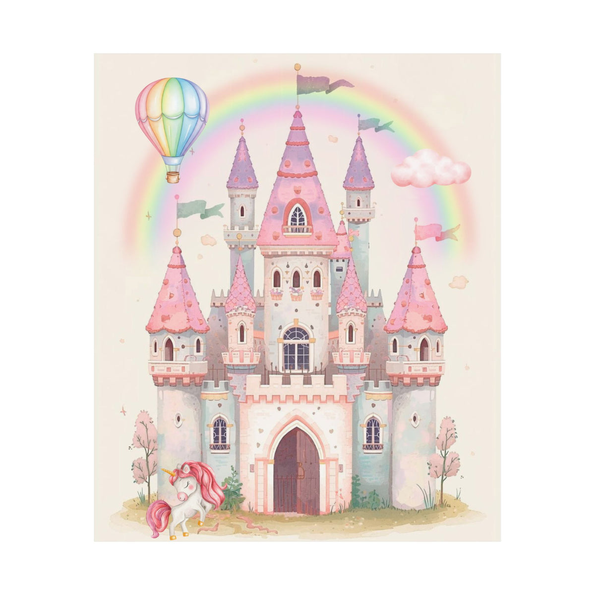 Princess Castle Poster — Pink Fairy Tale Kids Wall Art with Unicorn & Rainbow