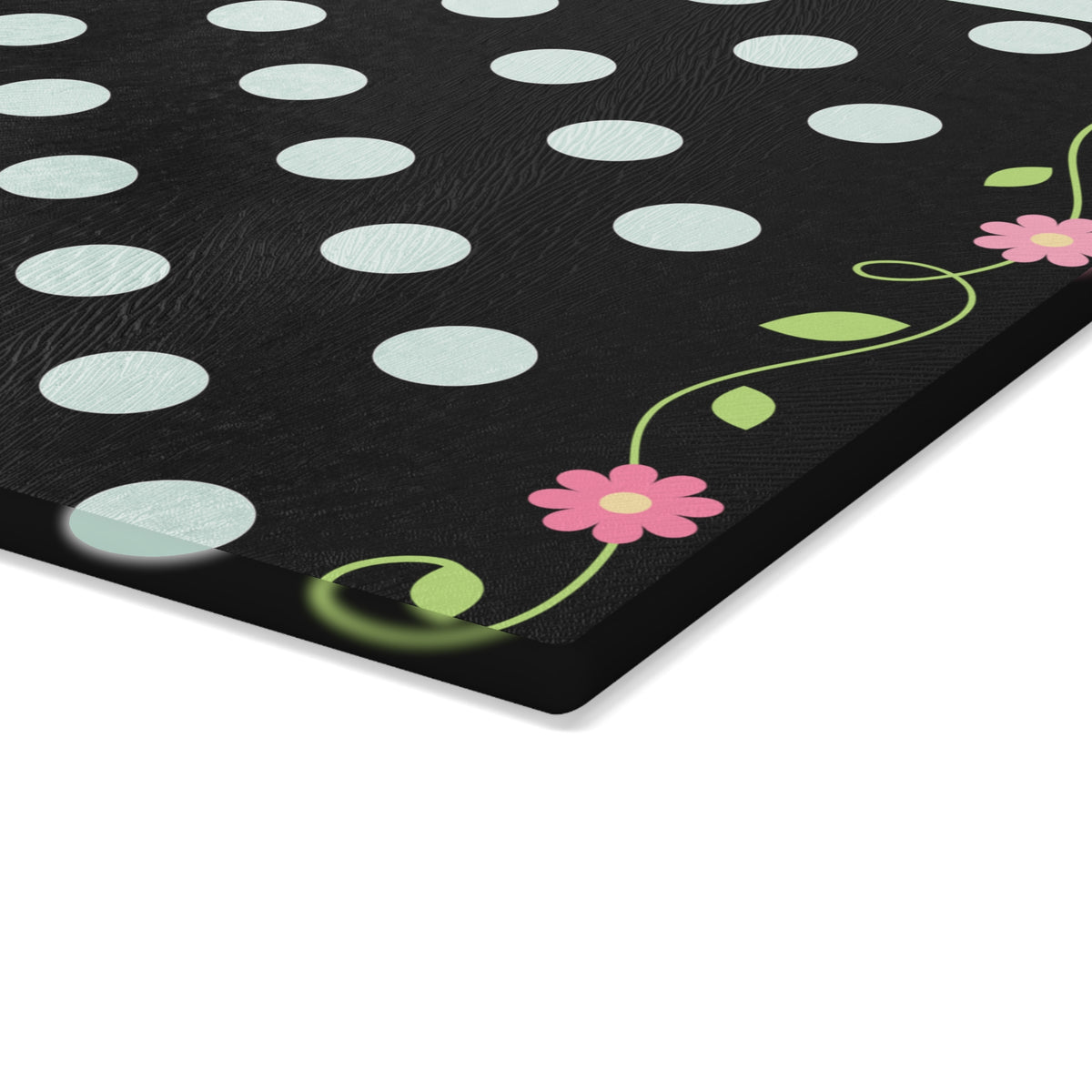 Glass Cutting Board - Black Polka Dot with Pink Floral Border (Decorative Kitchen Chopping Mat)