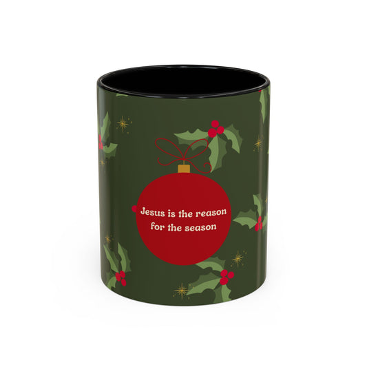 Christmas Ornament Coffee Mug – "Jesus is the Reason for the Season" Holiday Holly Accent Mug
