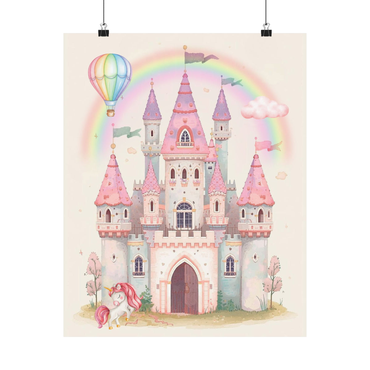 Princess Castle Poster — Pink Fairy Tale Kids Wall Art with Unicorn & Rainbow
