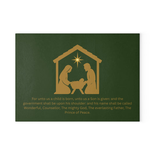 Nativity Glass Cutting Board — "For unto us a child is born" Christmas Kitchen Decor