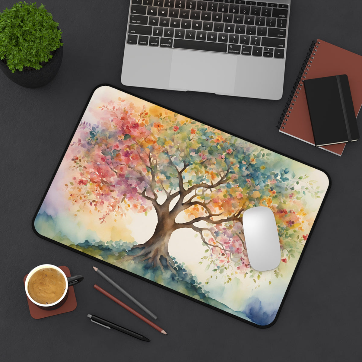 Colorful Watercolor Tree Desk Mat