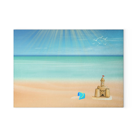 Beach Scene Glass Cutting Board — Sandcastle Coastal Kitchen Decor
