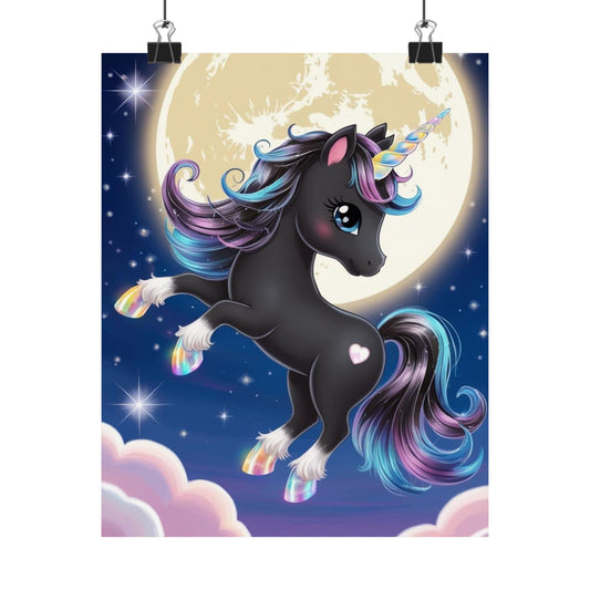 Black Unicorn Night Sky Poster — Cute Rainbow Mane Matte Vertical Print for Kids’ Room, Nursery or Gift