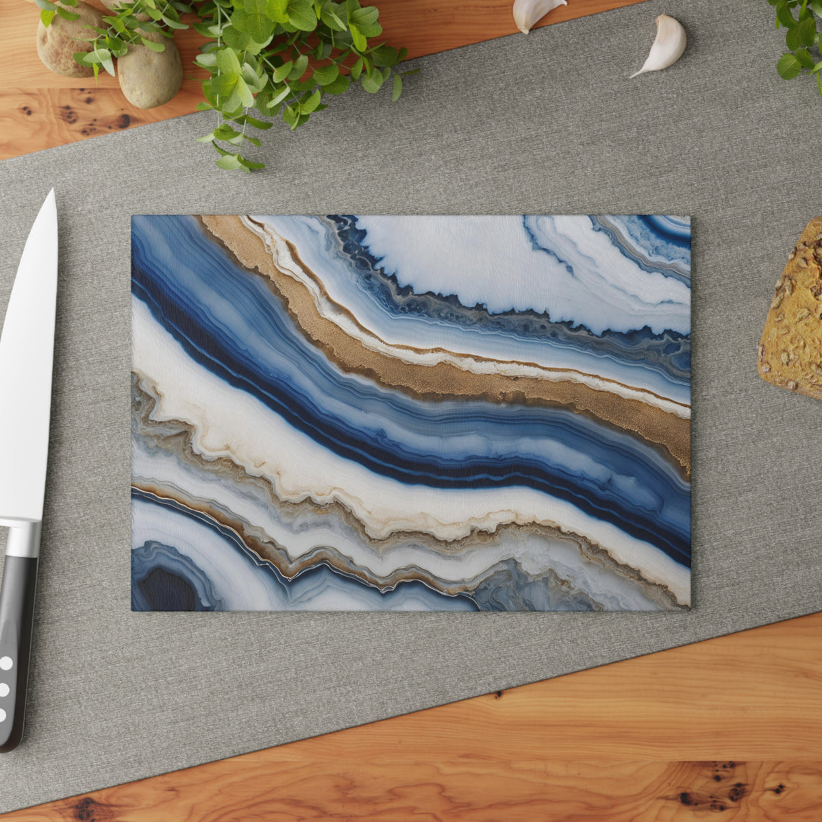 Glass Cutting Board - Blue & Gold Agate Pattern Decorative Chopping Board