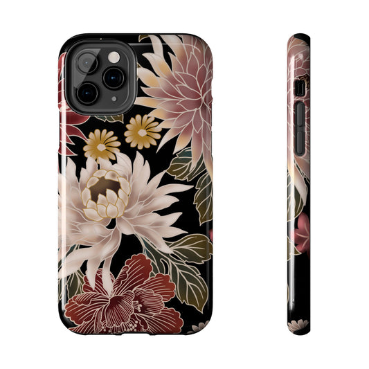 Floral Tough Phone Case — Vintage Black Chrysanthemum Protective Cover