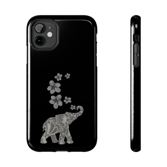 Floral Elephant Tough Phone Case — Protective Black iPhone Cover with Paisley Elephant & Blossoms
