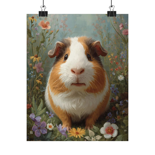 Guinea Pig Portrait Poster – Cute Floral Pet Wall Art (Matte Vertical)