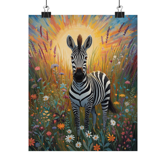 Zebra Meadow Matte Poster — Colorful Sunrise Wildlife Wall Art