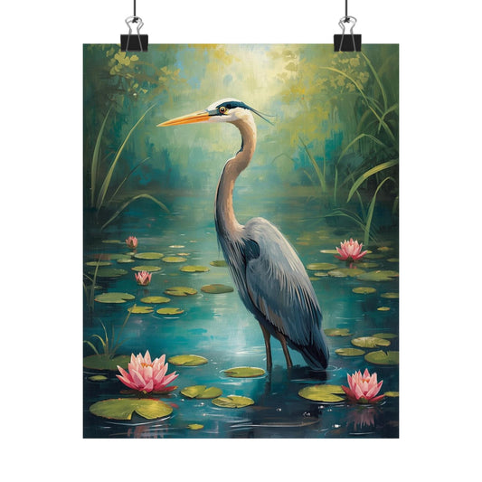 Heron in Lily Pond Matte Poster — Serene Nature Wall Art