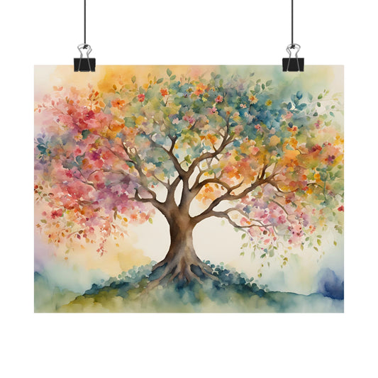 Watercolor Tree Poster — Colorful Tree Matte Horizontal Art Print
