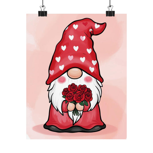 Gnome Poster — Cute Red Gnome Holding Roses Matte Vertical Print