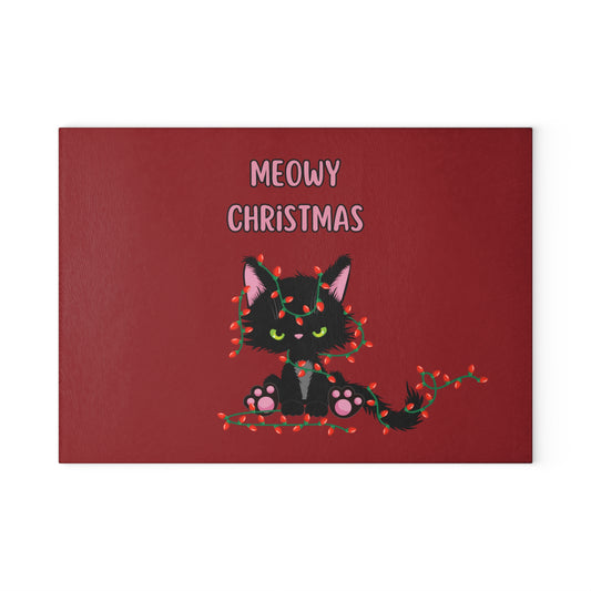 Meowy Christmas Glass Cutting Board — Cute Black Cat with Holiday Lights