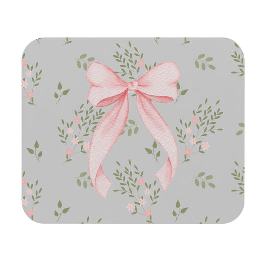 Pink Ribbon Floral Mouse Pad — Cute Pastel Desk Mousepad