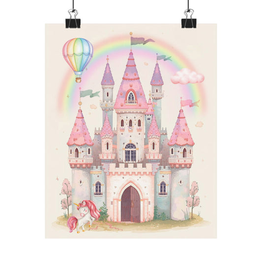 Princess Castle Poster — Pink Fairy Tale Kids Wall Art with Unicorn & Rainbow