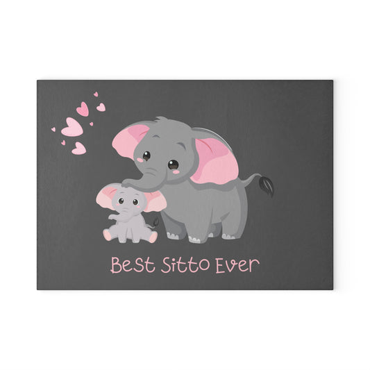 Glass Cutting Board – "Best Sitto Ever" Cute Elephant Grandmother & Baby Kitchen Decor Gift