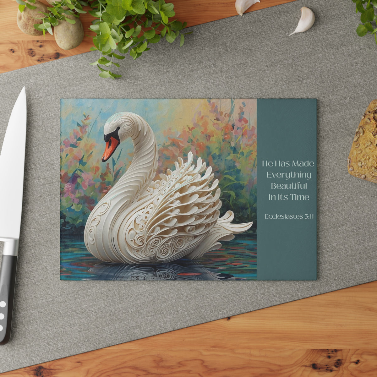 Swan Glass Cutting Board – "He Has Made Everything Beautiful in Its Time" (Ecclesiastes)