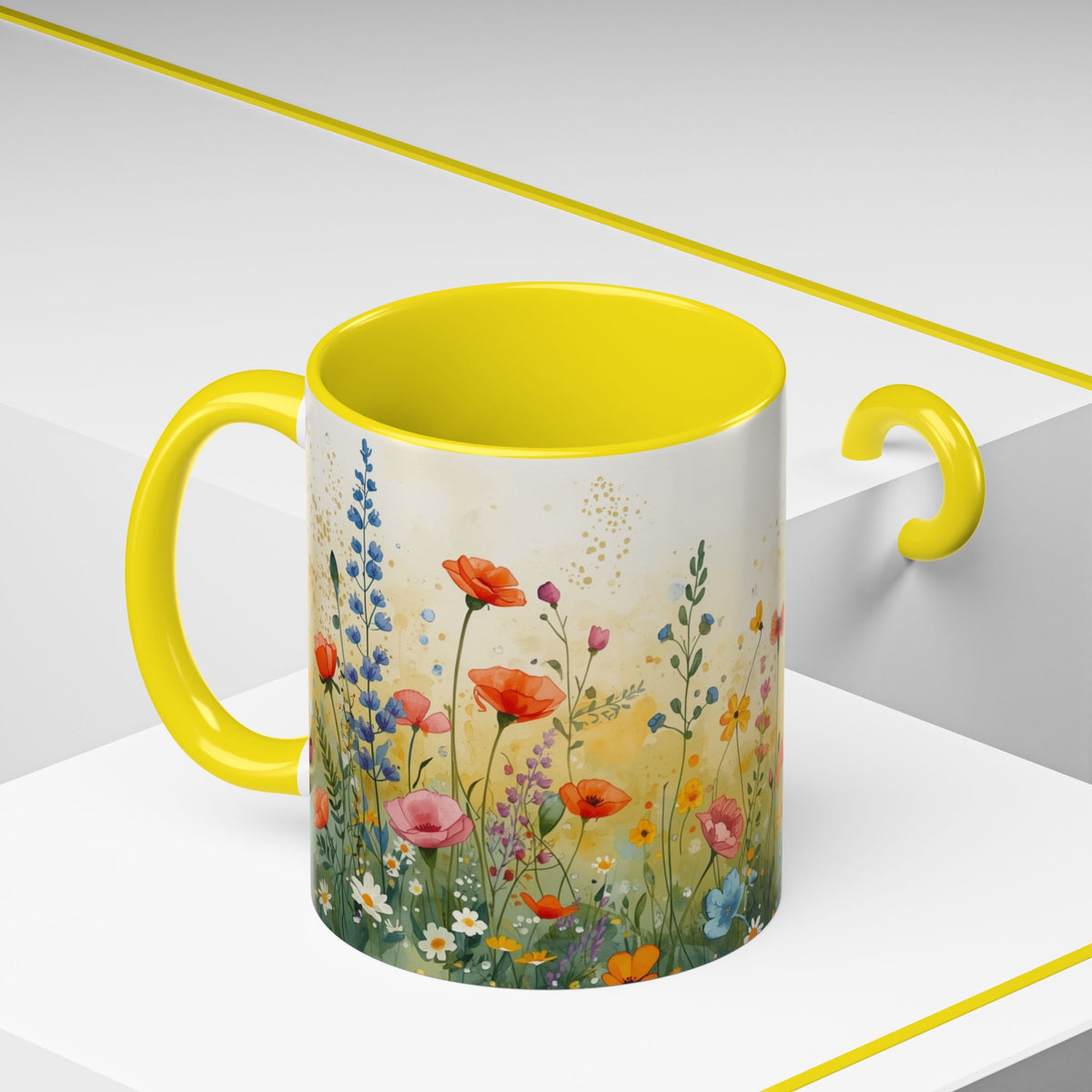 Floral Meadow Accent Coffee Mug — Watercolor Wildflower 11/15oz