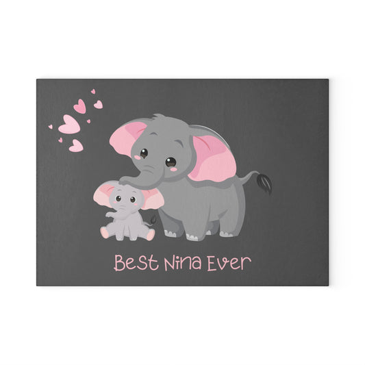 Elephant Grandma & Baby Glass Cutting Board – "Best Nina Ever" Personalized Kitchen Gift