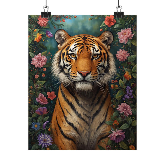 Tiger Portrait Poster — Floral Jungle Matte Vertical Art Print
