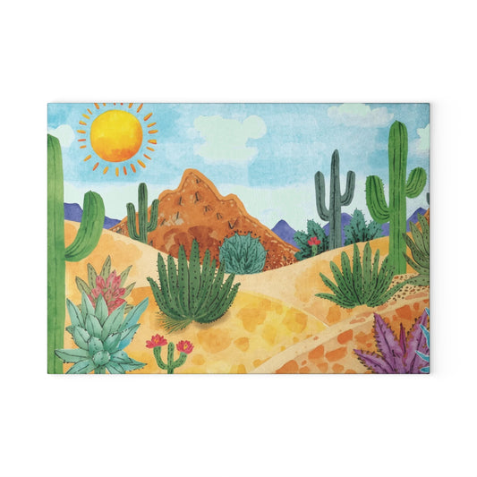 Desert Sunrise Glass Cutting Board — Colorful Cactus Kitchen Board
