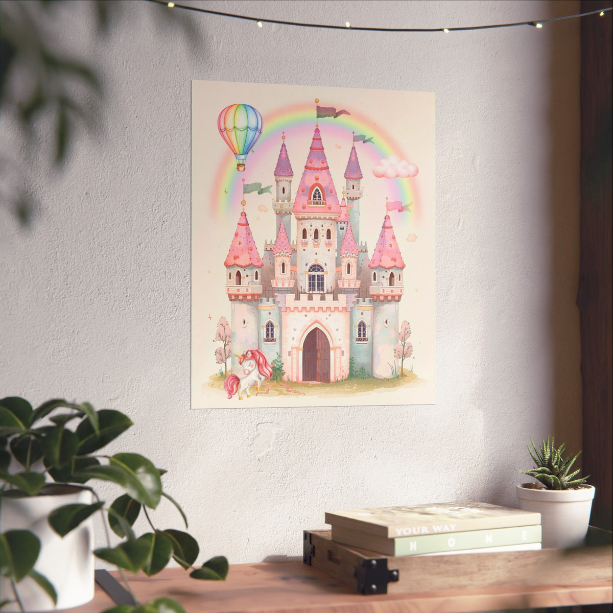 Princess Castle Poster — Pink Fairy Tale Kids Wall Art with Unicorn & Rainbow
