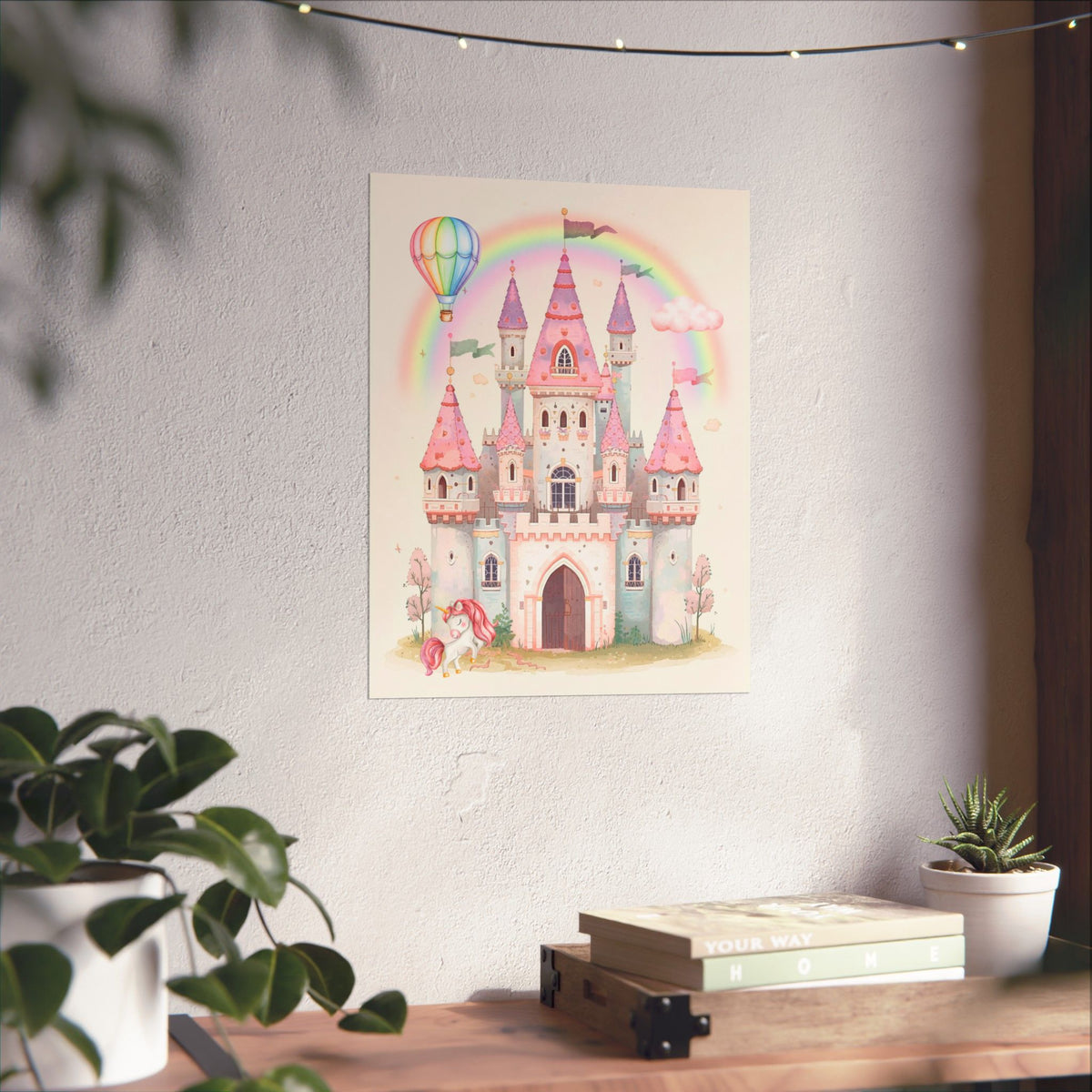 Princess Castle Poster — Pink Fairy Tale Kids Wall Art with Unicorn & Rainbow