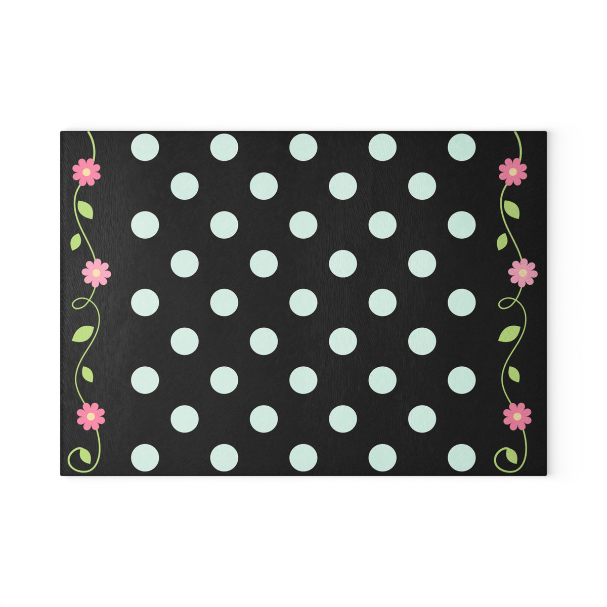Glass Cutting Board - Black Polka Dot with Pink Floral Border (Decorative Kitchen Chopping Mat)