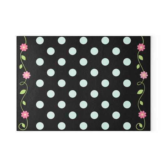 Glass Cutting Board - Black Polka Dot with Pink Floral Border (Decorative Kitchen Chopping Mat)