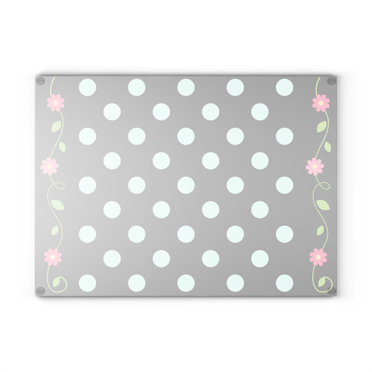 Glass Cutting Board - Black Polka Dot with Pink Floral Border (Decorative Kitchen Chopping Mat)