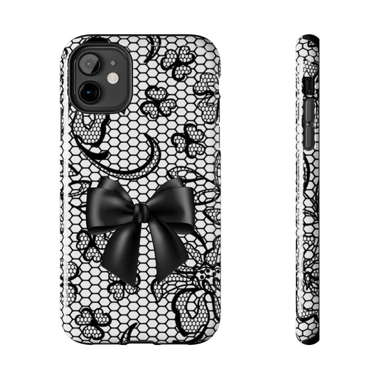 Lace Bow Tough Phone Case — Black Lace Pattern Phone Cover with Satin Bow
