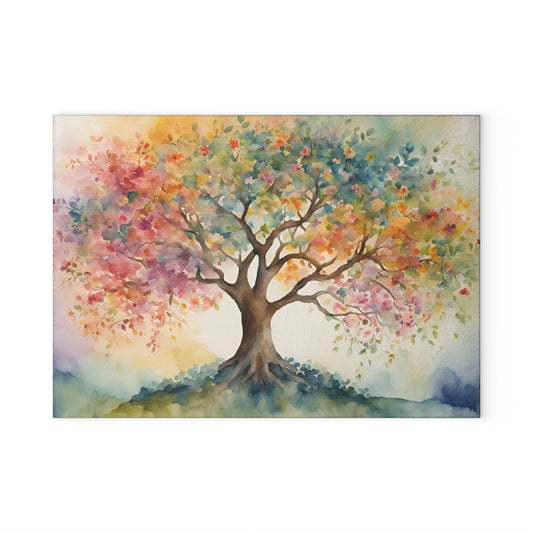 Watercolor Tree Glass Cutting Board — Colorful Nature Kitchen Decor