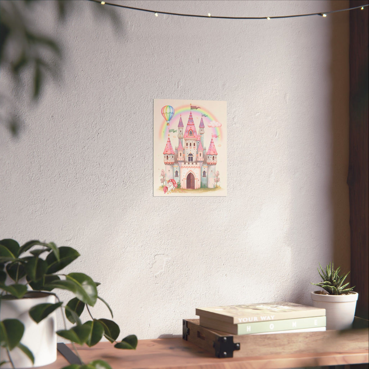 Princess Castle Poster — Pink Fairy Tale Kids Wall Art with Unicorn & Rainbow