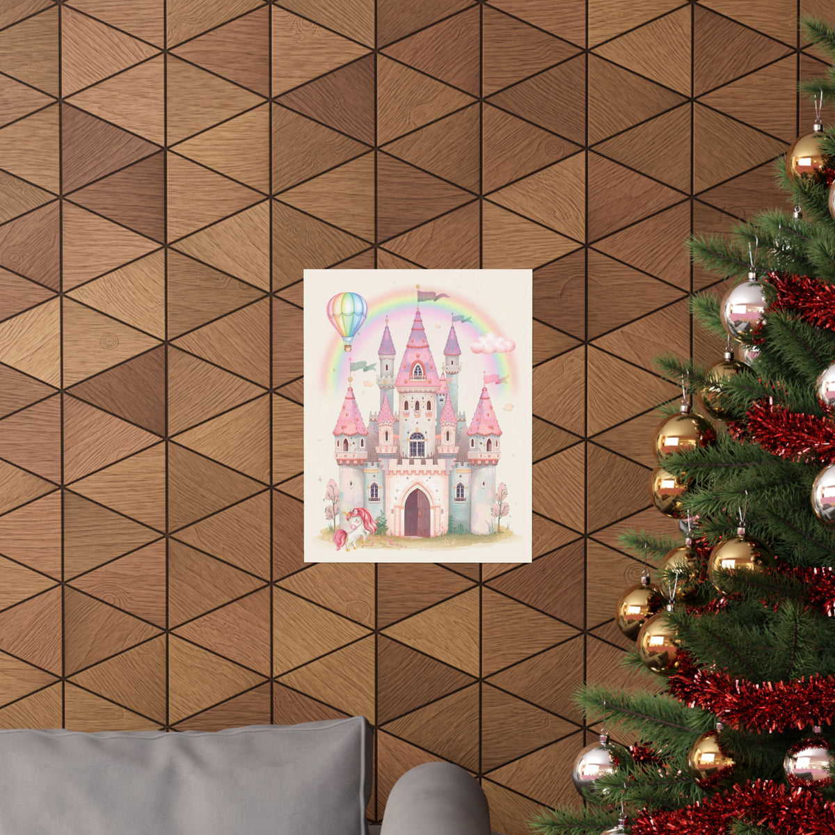 Princess Castle Poster — Pink Fairy Tale Kids Wall Art with Unicorn & Rainbow